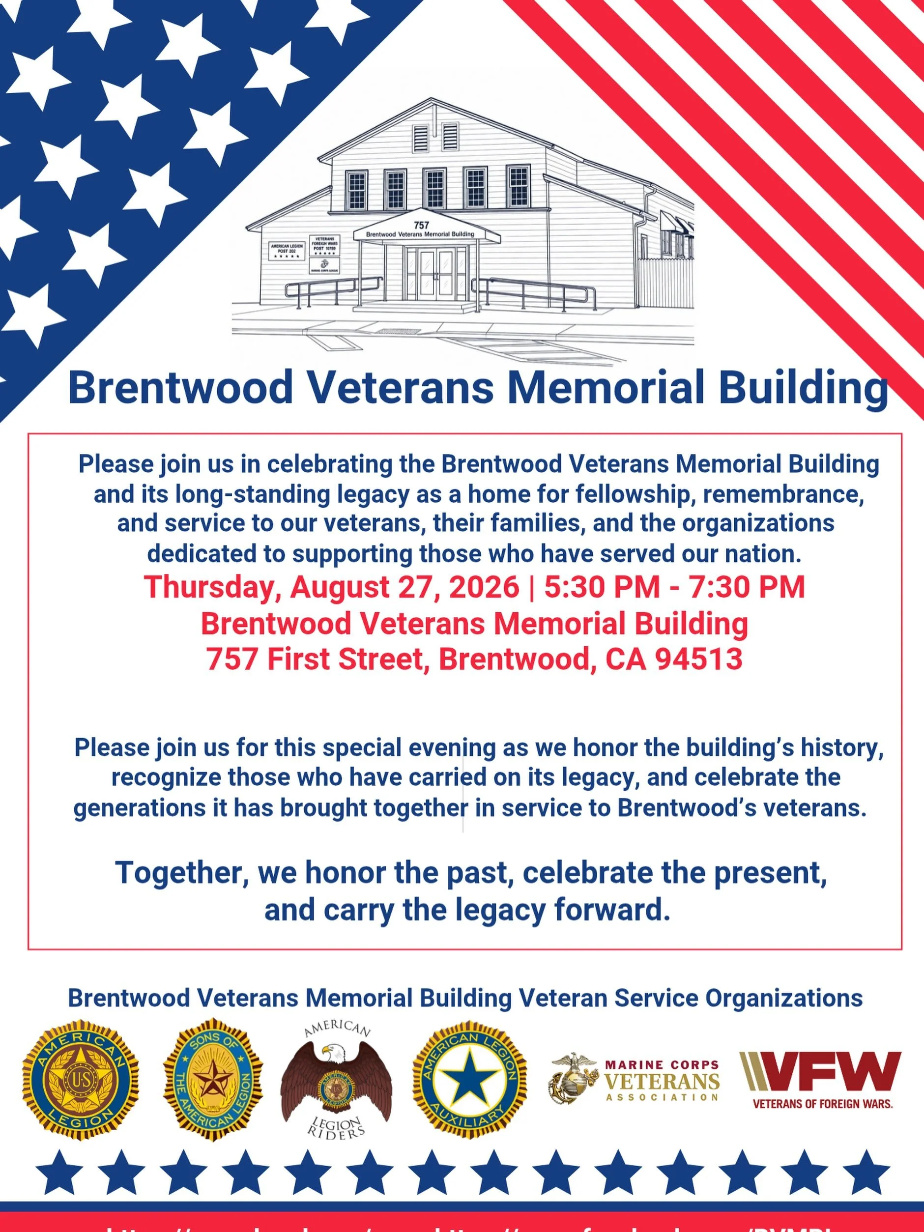 Join us tomorrow evening as we celebrate the Brentwood Veterans Memorial Building and recognize its history in our community. 🇺🇸

Thursday, August 27 | 5:30&ndash;7:30 PM
Brentwood Veterans Memorial Building
757 First Street, Brentwood

Hope to see