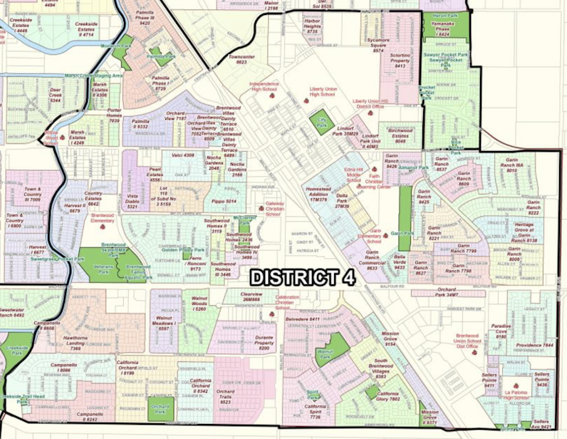 Map of Brentwood District 4 with various neighborhoods, parks, schools, and streets labeled.