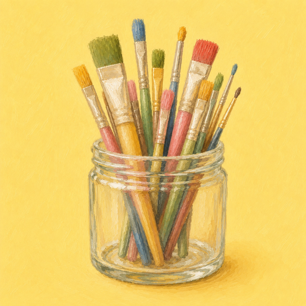 Colorful paintbrushes in a glass jar against a yellow background