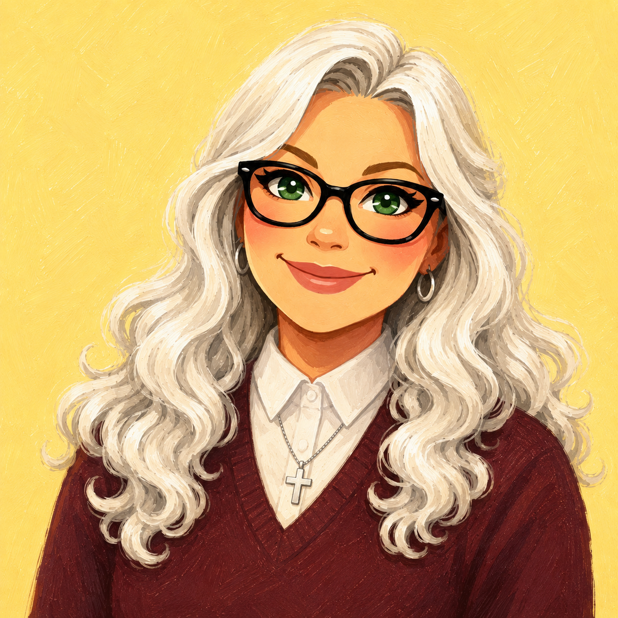 Digital portrait of a woman with long, wavy silver hair wearing black glasses, a white collared shirt, a maroon sweater, hoop earrings, and a cross necklace, set against a yellow background.