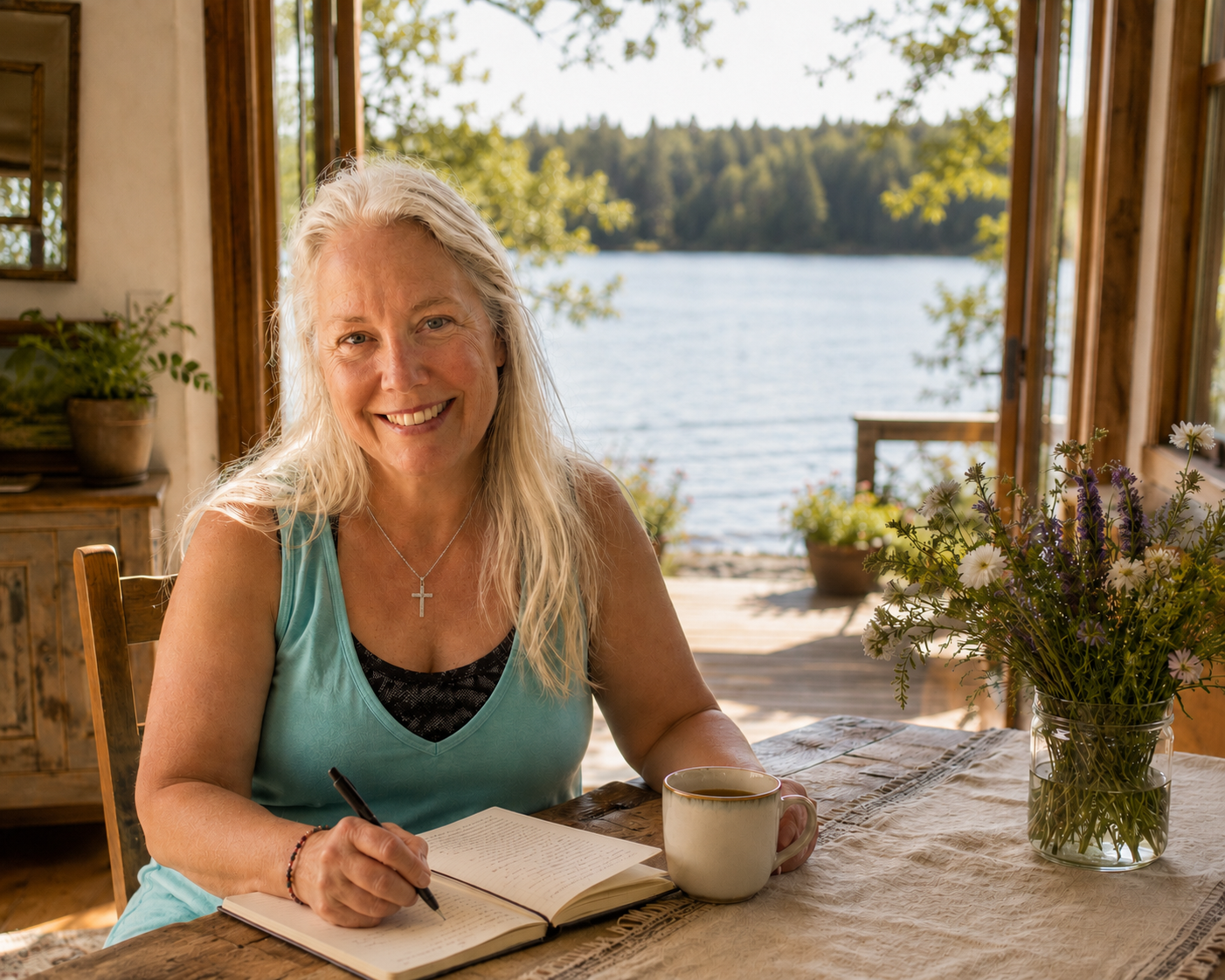 A smiling woman with long blonde hair, wearing a turquoise tank top and a silver cross necklace, sits at a wooden table with an open notebook, a pen, and a mug, indoors near a large open window overlooking a lake and trees.