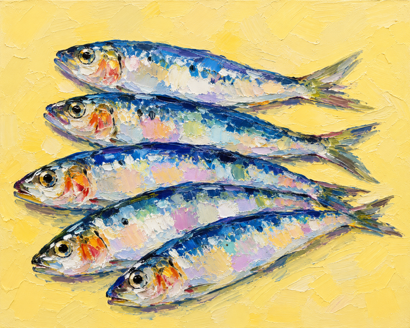 Painting of four colorful fish on a yellow background, created with thick, textured brushstrokes.