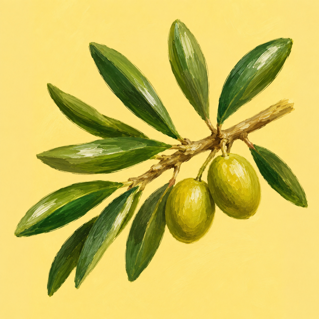 Painting of an olive branch with green leaves and two green olives on a yellow background.