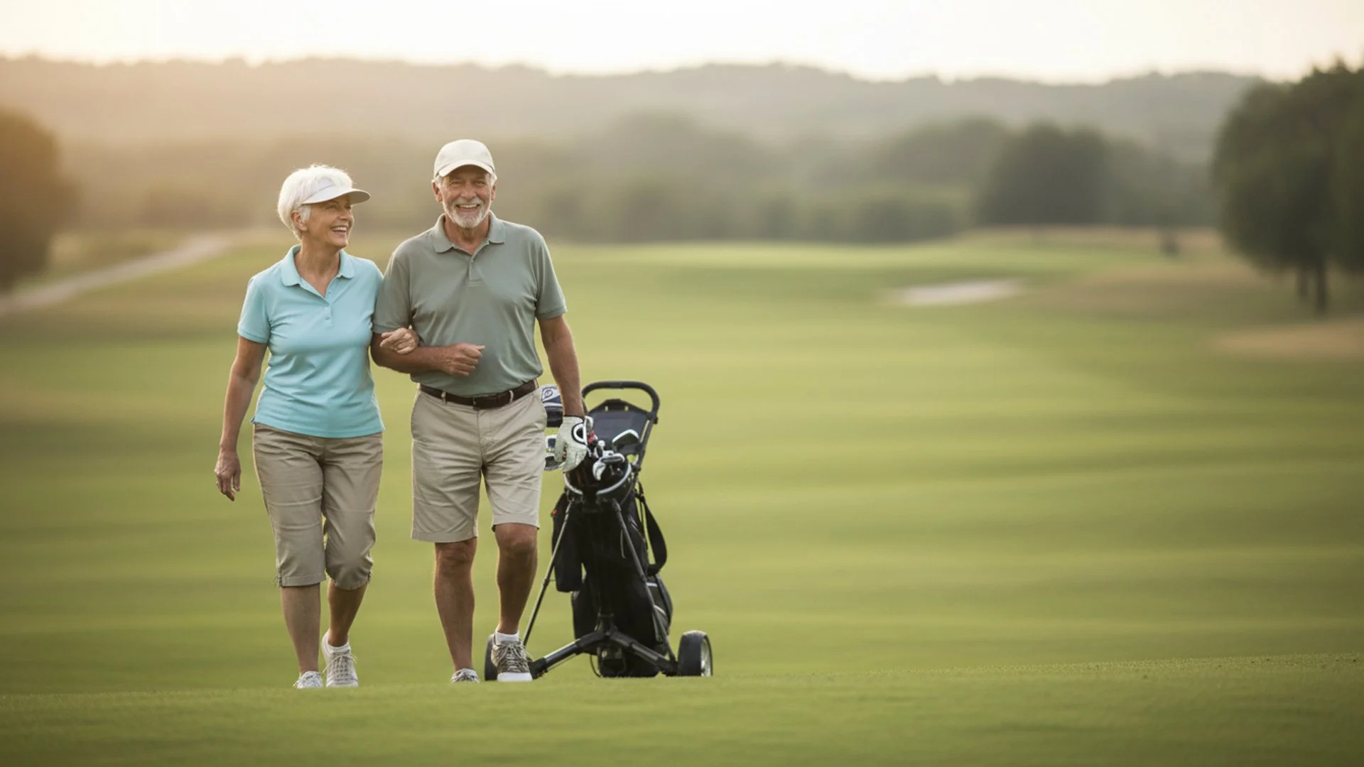 Two elderly people, a man and a woman, walking on a golf course in the late afternoon sun, with a golf bag and trolley.