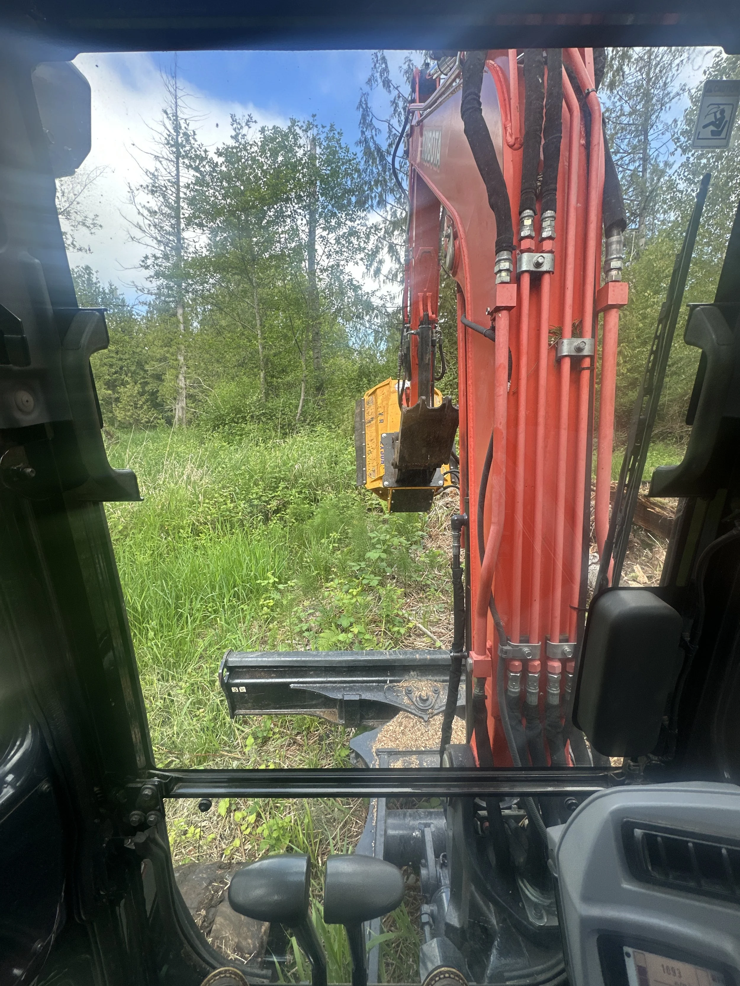 View from inside a construction vehicle cabin, showing the excavator arm and boom with hydraulic cylinders, working amidst greenery and trees, with a partly cloudy sky visible.