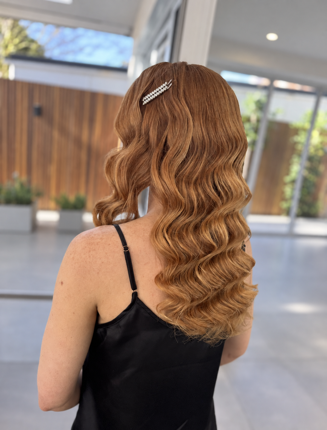  ginger copper hair, bridesmaid glam waves with side hair clip accessory
