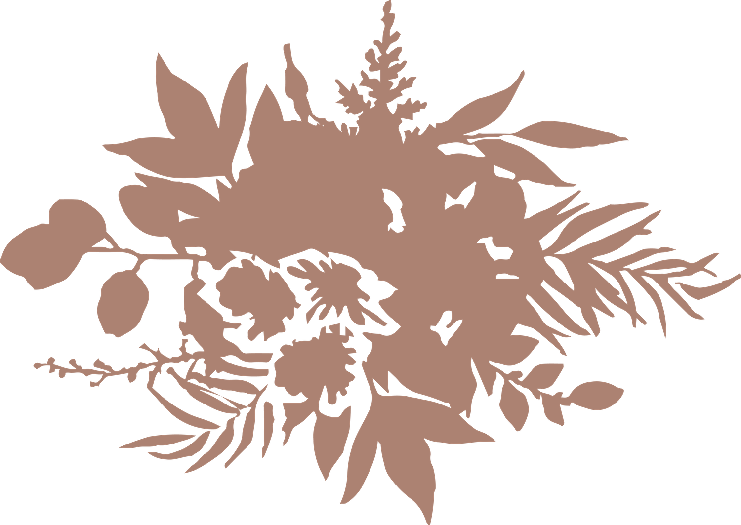 Silhouette of assorted floral and leafy plants in a tan color on a transparent background.