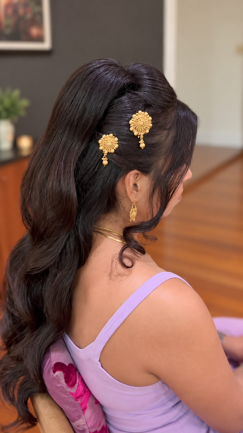 long thick dark hair style glam wave half up, Indian bridal hair with gold hair pieces/ accents