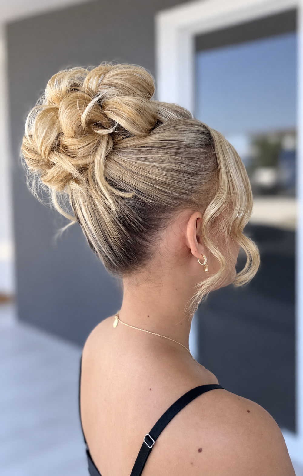 high school formal young girl with high up style and textured curls