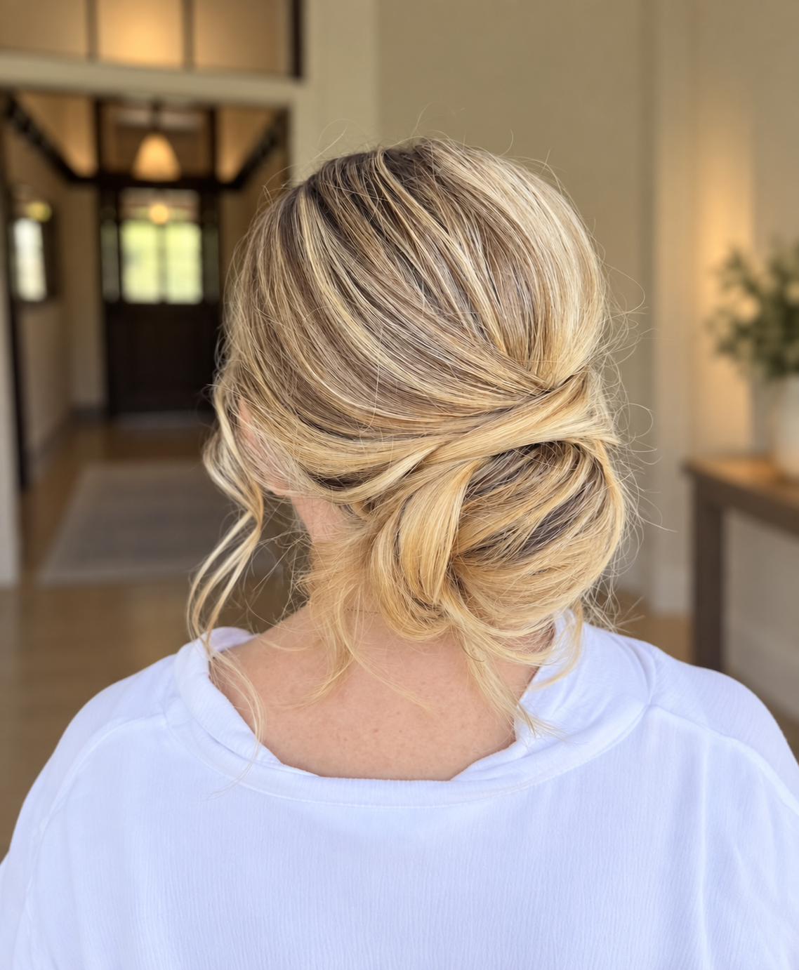 low textured blonde bun/upstyle, mother of the bride
