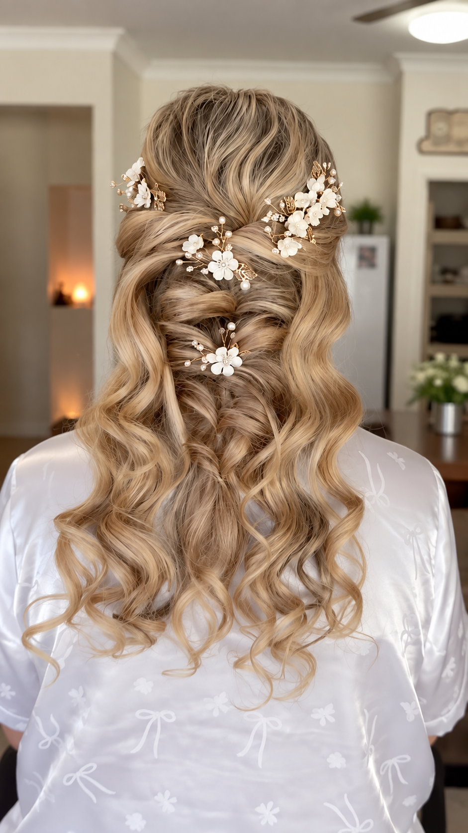 pull apart braid, hair extensions, blonde bride with hair accessories