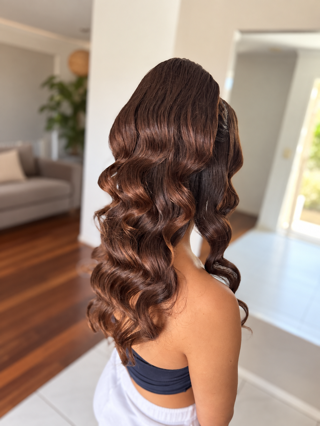 half up jr bridesmaid with rich chocolate brown hair, shiny and glam wave
