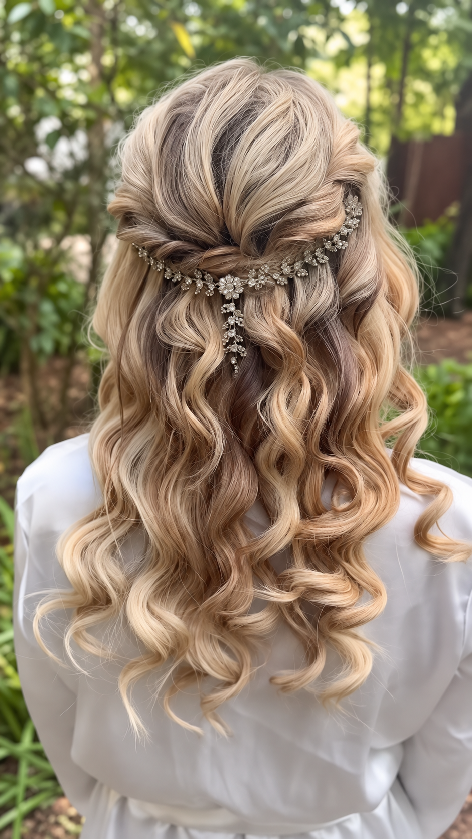 half up style with hair jewel,  with clip in hair extensions