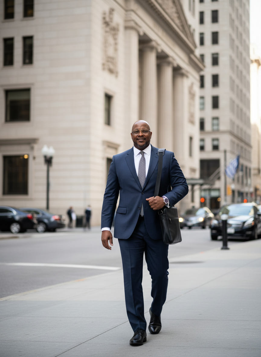 A man in a blue suit walking on a city sidewalk, carrying a black shoulder bag, with a large historic building in the background.