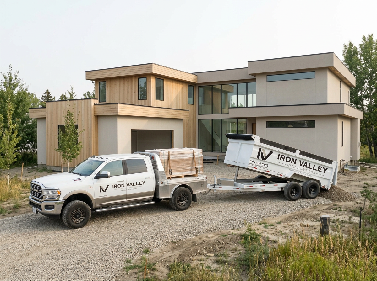 Construction truck and trailer parked in front of a modern house under construction.