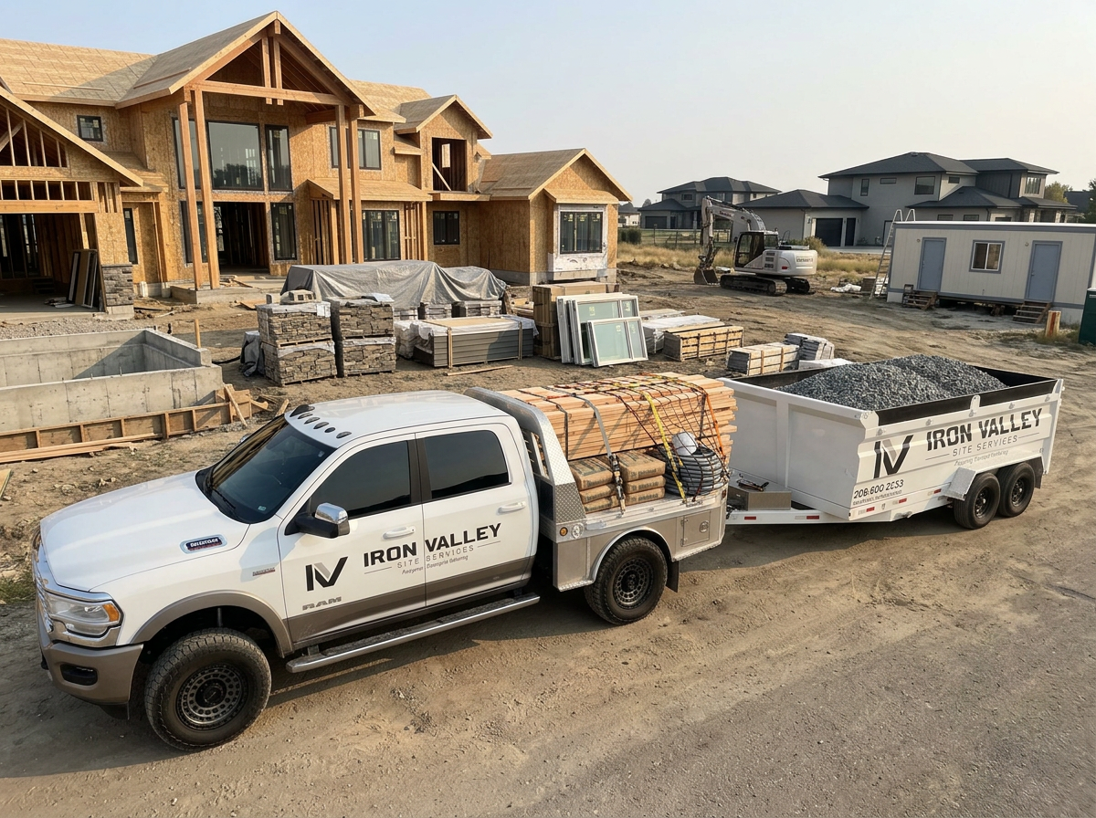 Construction site with a partly built wooden house, construction materials, and a pickup truck with a trailer loaded with bricks and gravel.