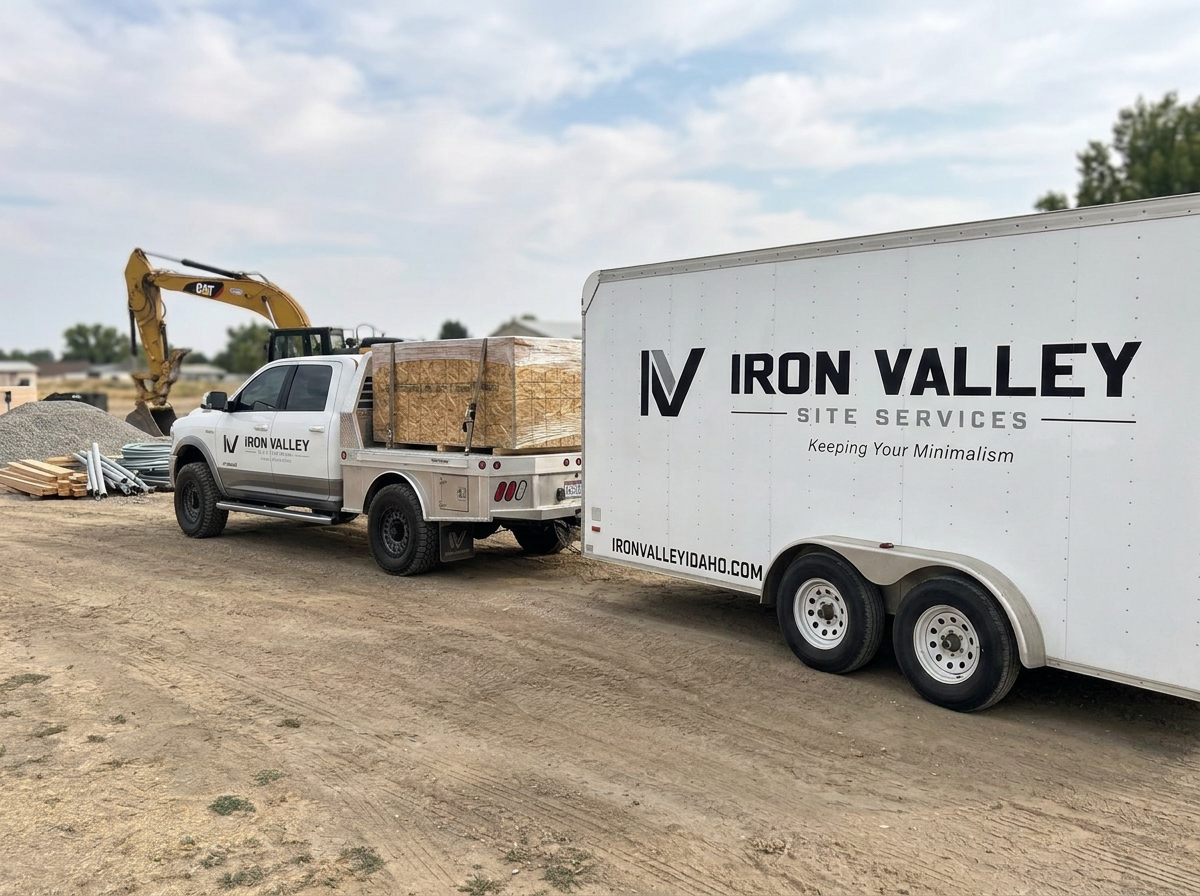 A construction site with a white truck and trailer from Iron Valley Site Services. The Truck is delivering job materials and delivering an enclosed trailer for on site job storage