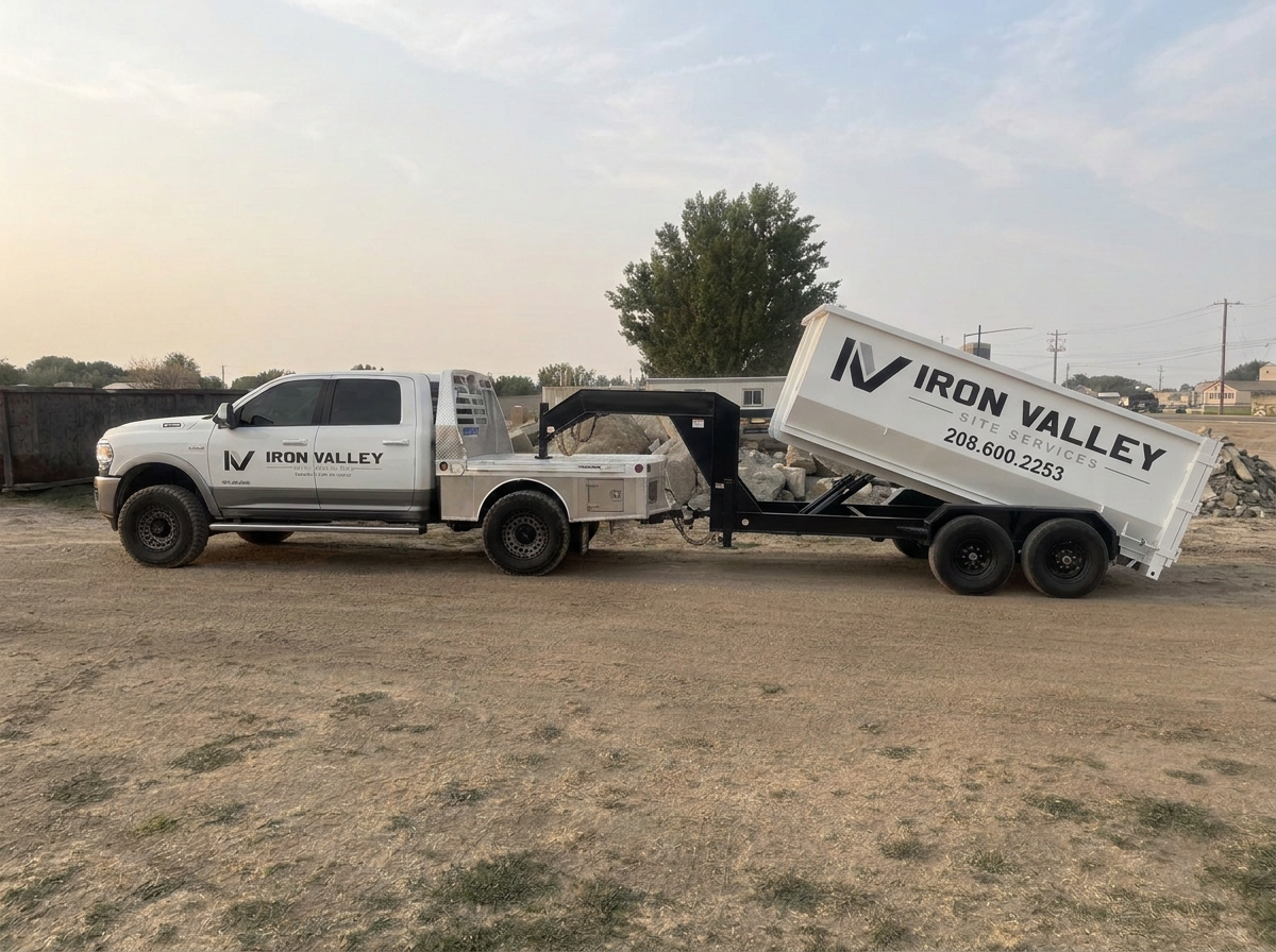 A white pickup truck with 'Iron Valley Site Services' logo on the side, attached to a black trailer hauling a large white dumpster labeled 'Iron Valley Site Services' with the company's contact number, parked on a dirt lot with some trees and utility poles in the background.