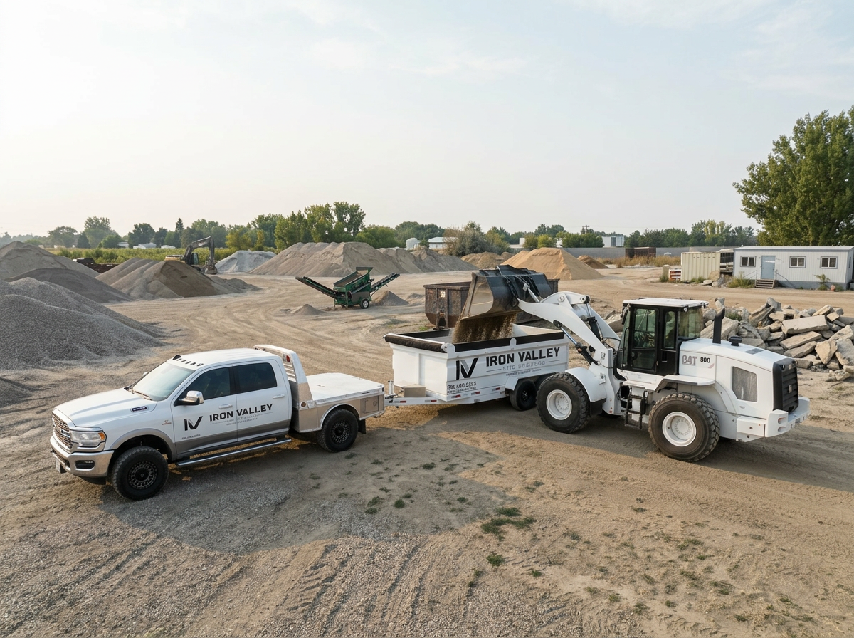 Construction site with a white dump truck labeled 'Iron Valley' being loaded with dirt by a front loader. Piles of gravel and sand, iron valley site services is picking up material for a jobsite and then will deliver the material to the jobsite