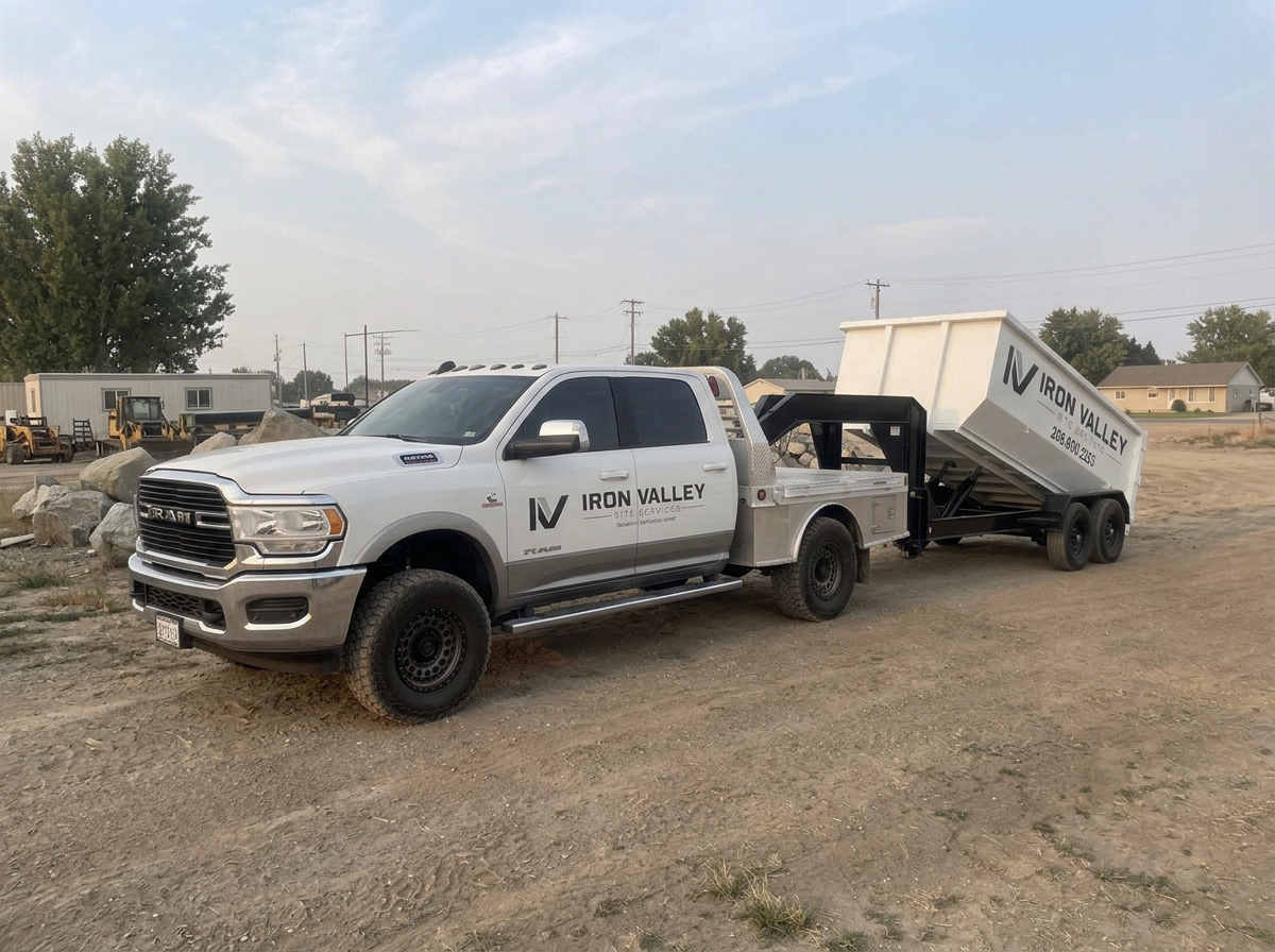 White service truck with deck and dump bed labeled 'Iron Valley Site Services,' parked on dirt ground with rocks and trees in the background.