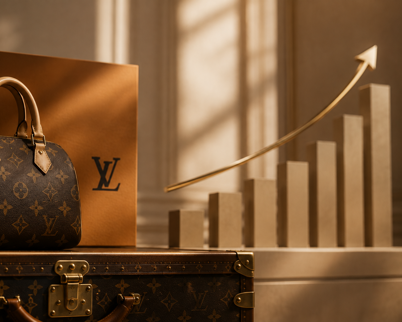Luxury Louis Vuitton handbag next to a shopping bag, with a bar graph and upward arrow in the background symbolizing growth and success.