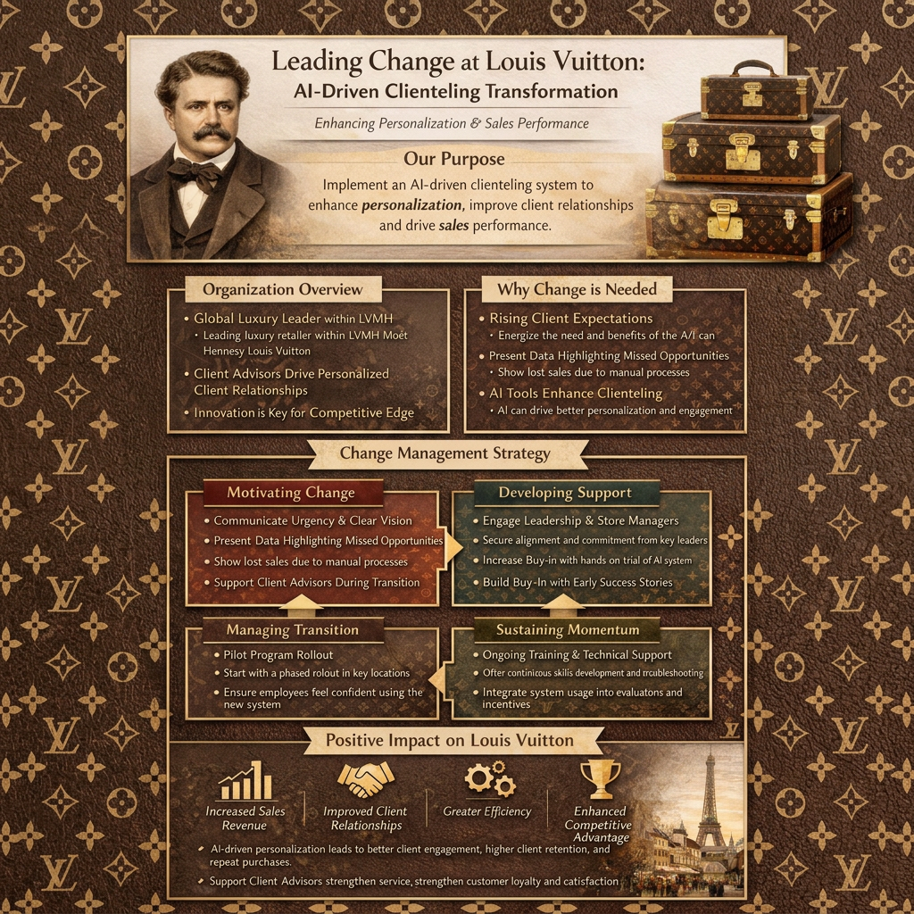 An infographic detailing Louis Vuitton's AI-driven clienteling transformation, including the purpose, organization overview, reasons for change, change management strategy, and positive impacts, with images of Louis Vuitton luggage and the Eiffel Tower.