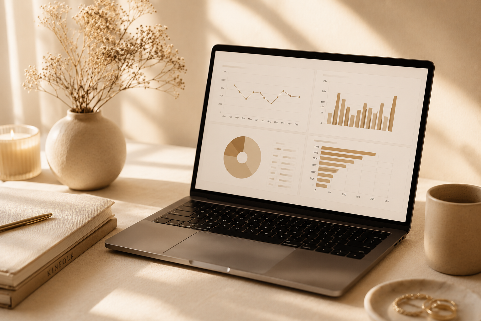 Laptop displaying business charts and graphs on desk with dried flowers in a brown vase, a lit candle, magazines, a coffee cup, and jewelry in a warm, sunlit room.