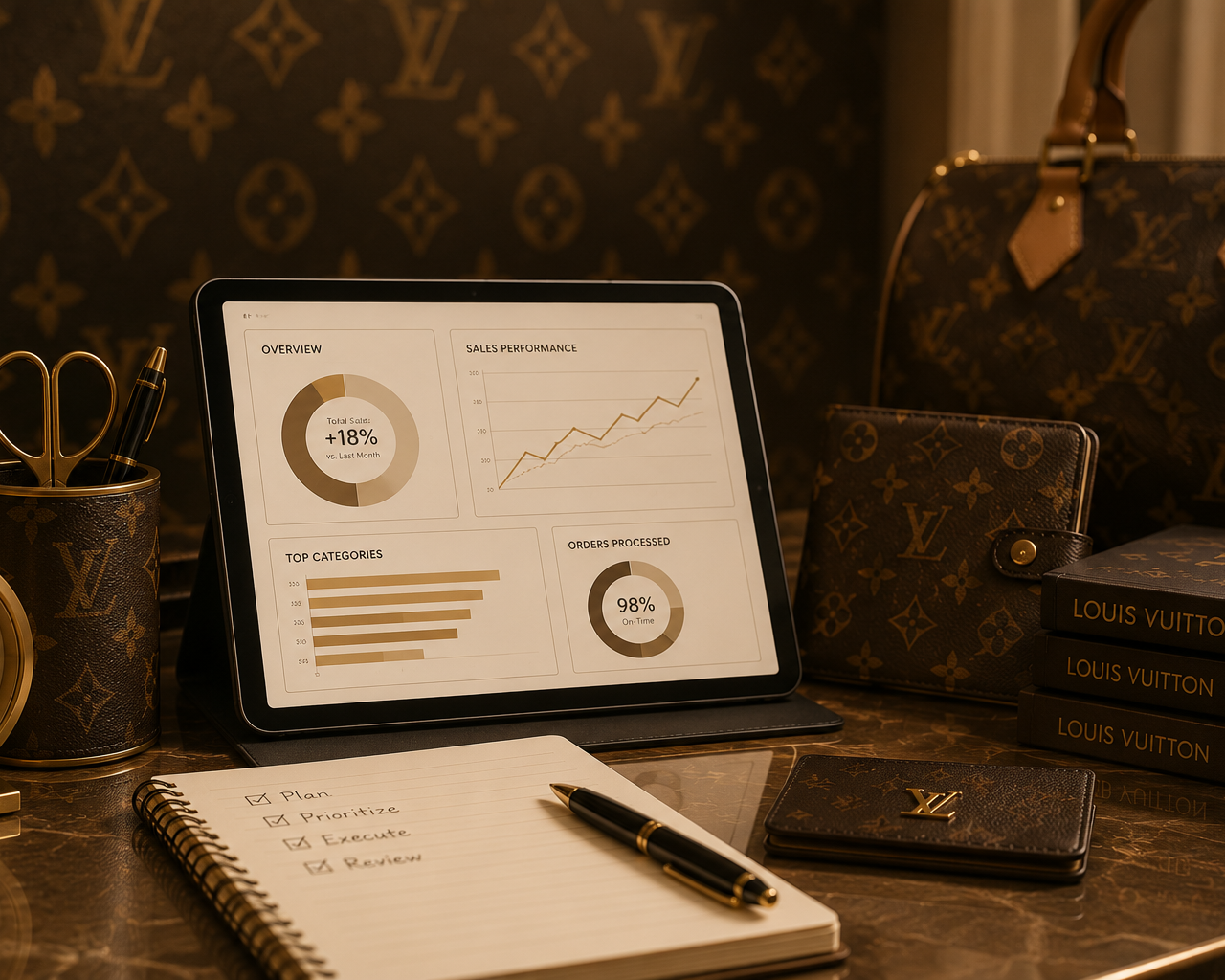 A workspace with Louis Vuitton-themed items, including a tablet displaying sales data, a notepad with tasks, and various Louis Vuitton accessories such as bags, a wallet, and stacked books, all on a marble surface.