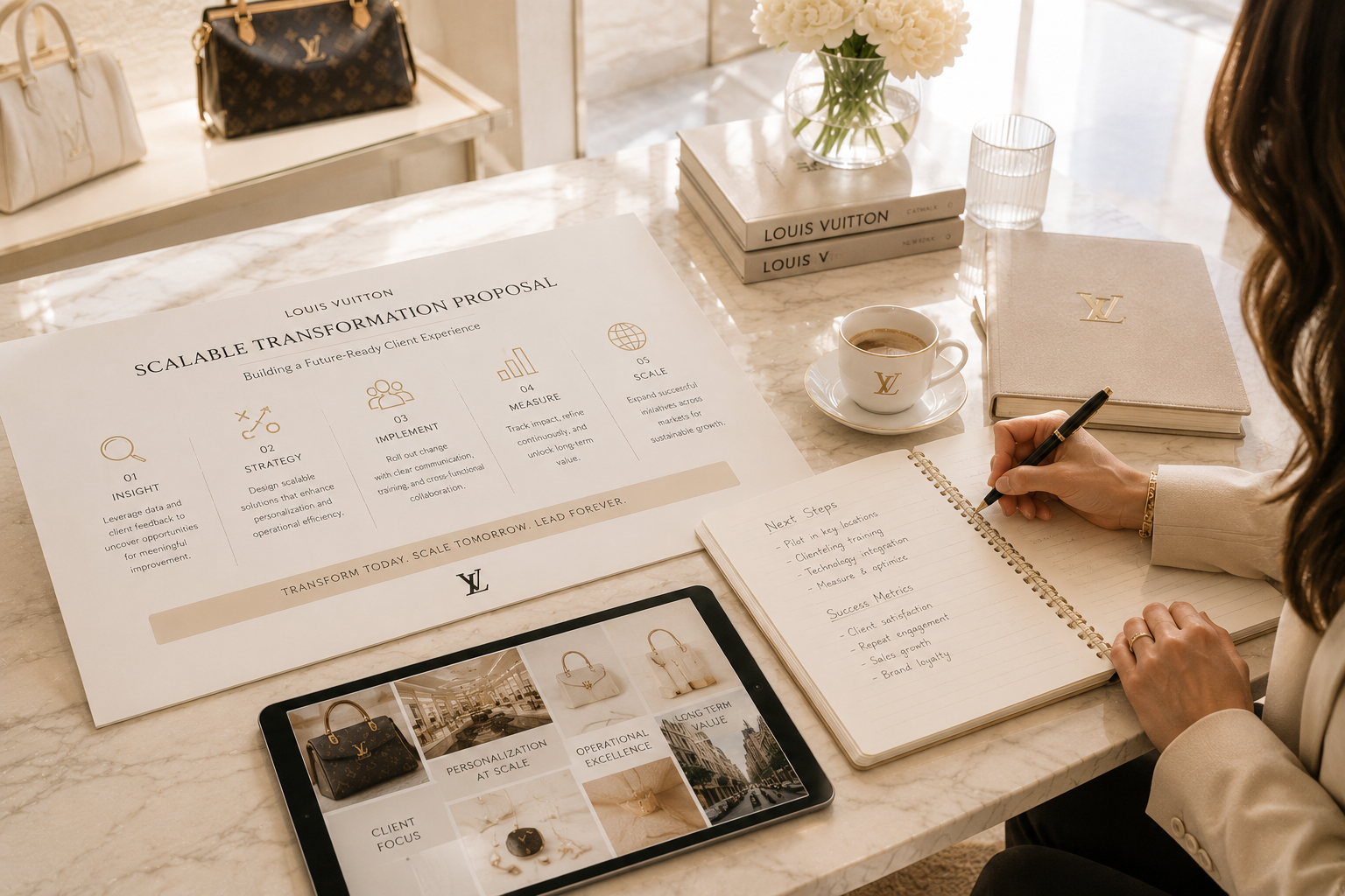 A woman sitting at a marble table, taking notes in a notepad. The table has a laptop with a Louis Vuitton ad, a coffee cup, and a large Louis Vuitton poster displaying a strategy proposal. There are also Louis Vuitton books, a notebook, flowers, and handbags in the background.