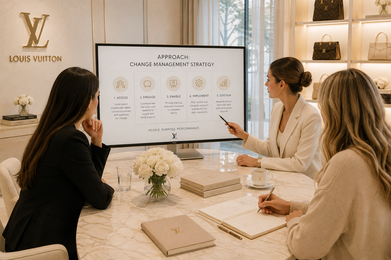 Three women having a business meeting in a luxury Louis Vuitton store, with one woman presenting a strategy on a large screen about change management.