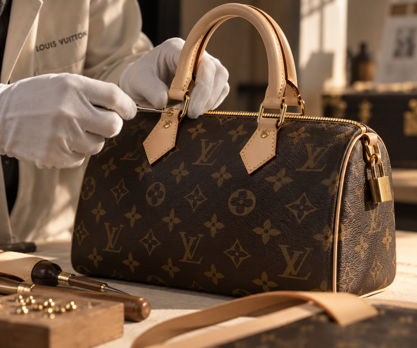 A person in white gloves is repairing or inspecting a Louis Vuitton designer handbag with the signature monogram pattern, gold hardware, and beige leather accents at a luxury store or workshop.