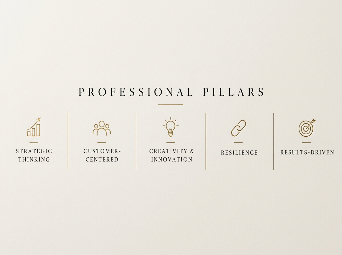 Professional pillars highlighting strategic thinking, customer focus, creativity, innovation, resilience, and a results-driven approach