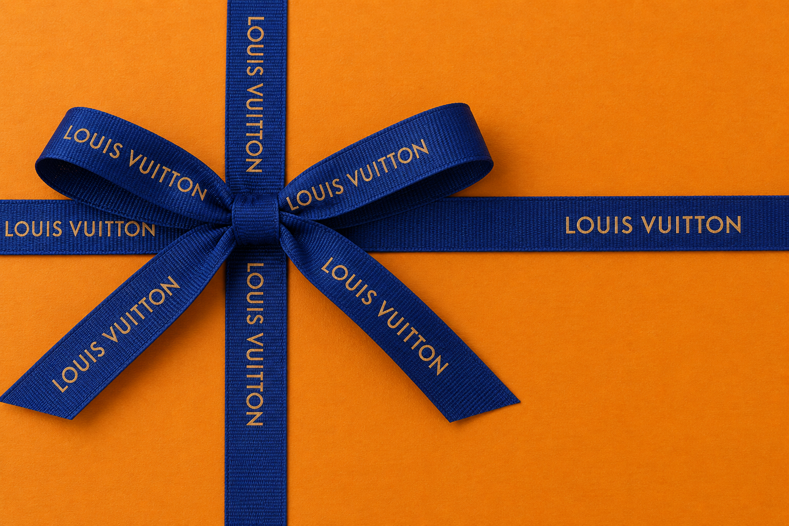 Orange gift box wrapped with a blue ribbon tied in a bow, with 'Louis Vuitton' printed on the ribbon.