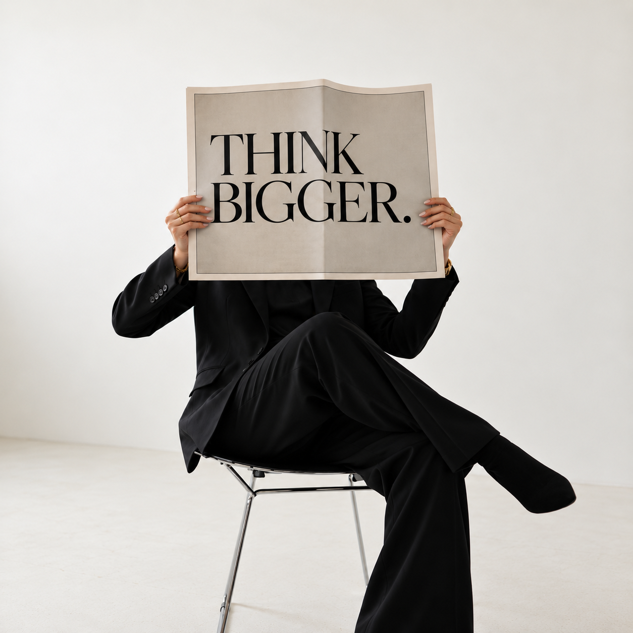 Person in black suit sitting on a chair, holding a sign with the message 'THINK BIGGER' in front of their face.
