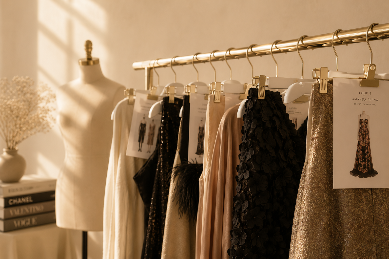 Fashion dresses hanging on a rack with a mannequin in the background, a stack of magazines, and a vase with dried flowers in a softly lit room.