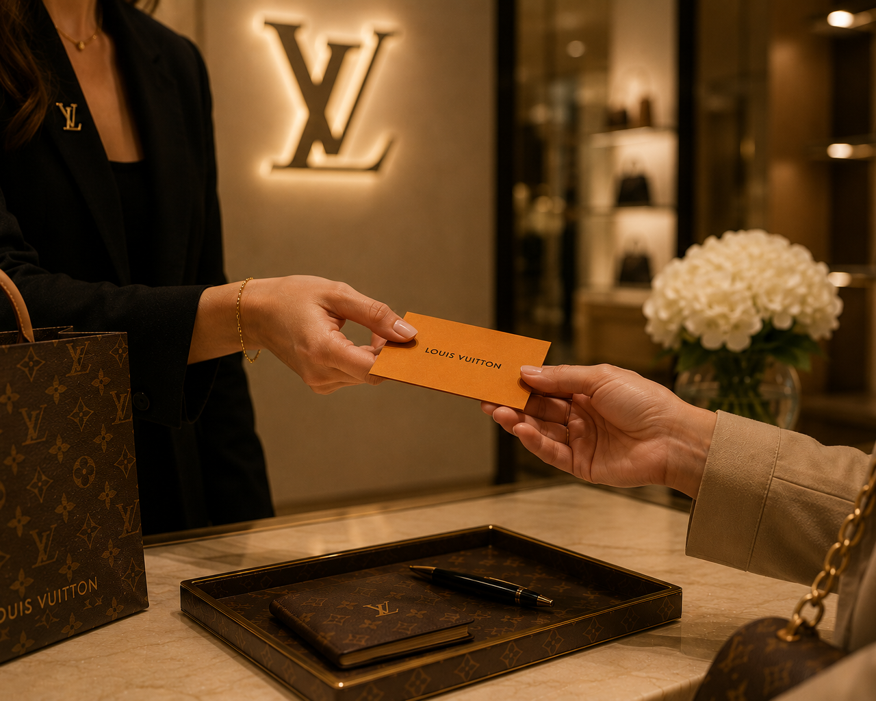 A customer receives a Louis Vuitton card from a store associate at a Louis Vuitton boutique. The scene includes Louis Vuitton shopping bags and accessories, with a prominent illuminated Louis Vuitton logo in the background.