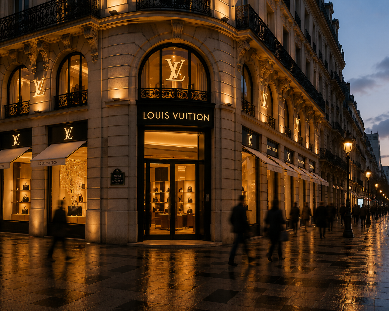 The image shows a Louis Vuitton store on a European city street during evening time, with warm lighting and people walking on a wet, reflective pavement.