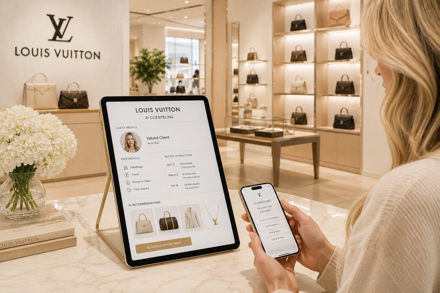 A woman in a retail store uses a tablet and smartphone to manage her client profile at a Louis Vuitton store with shelves of handbags in the background