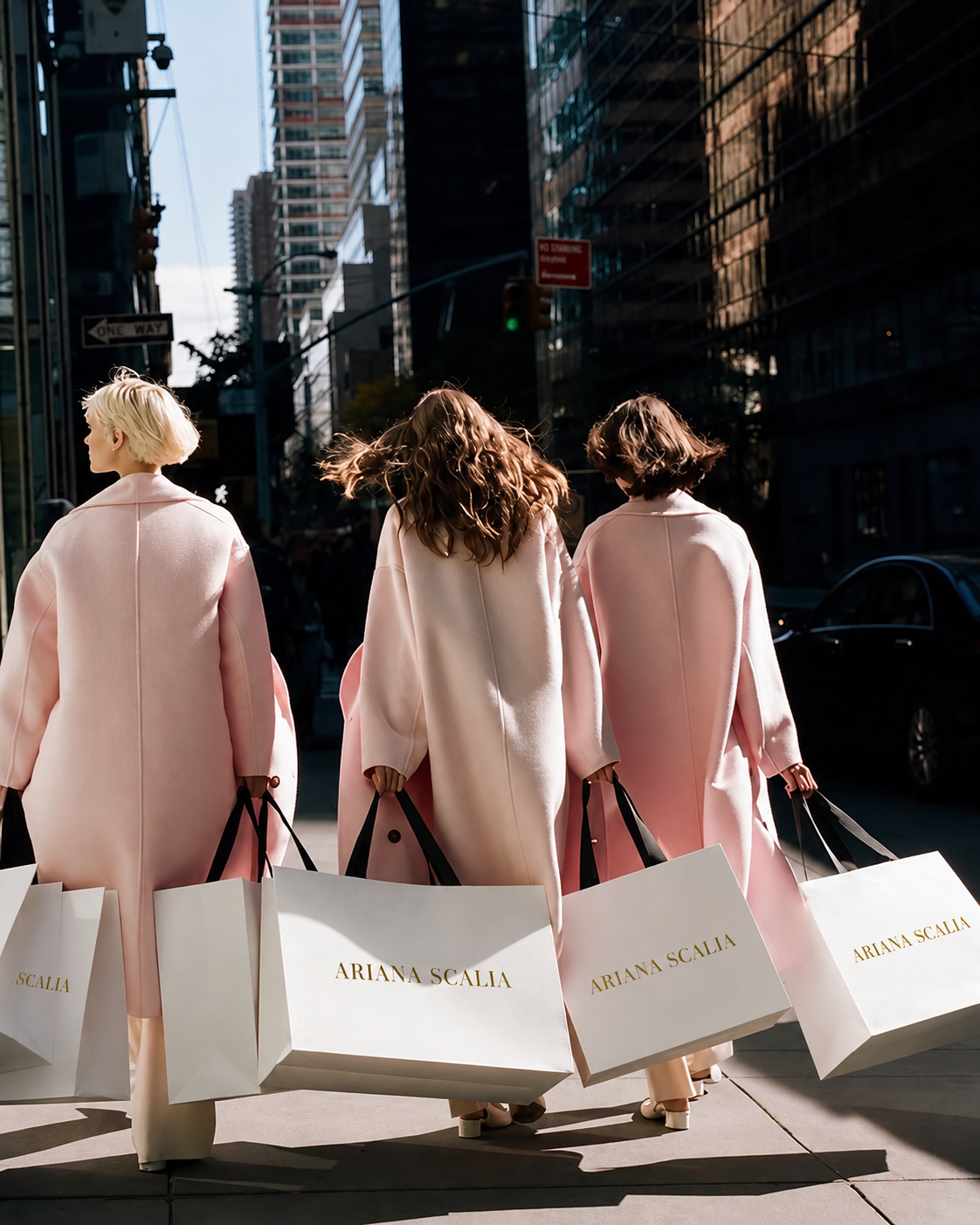 Fashion editorial image featuring Ariana Scalia branded shopping bags