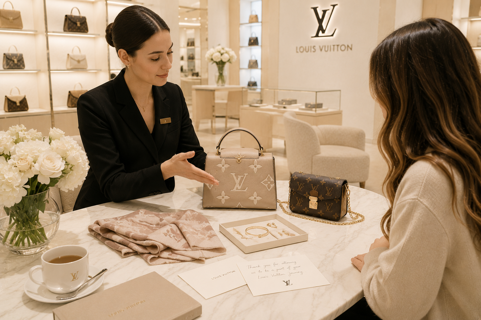 A sales associate shows two women luxury handbags at a Louis Vuitton store. The display includes two handbags, jewelry, a scarf, a cup of tea, and a card of appreciation on a marble table, with a Louis Vuitton logo prominent in the background.