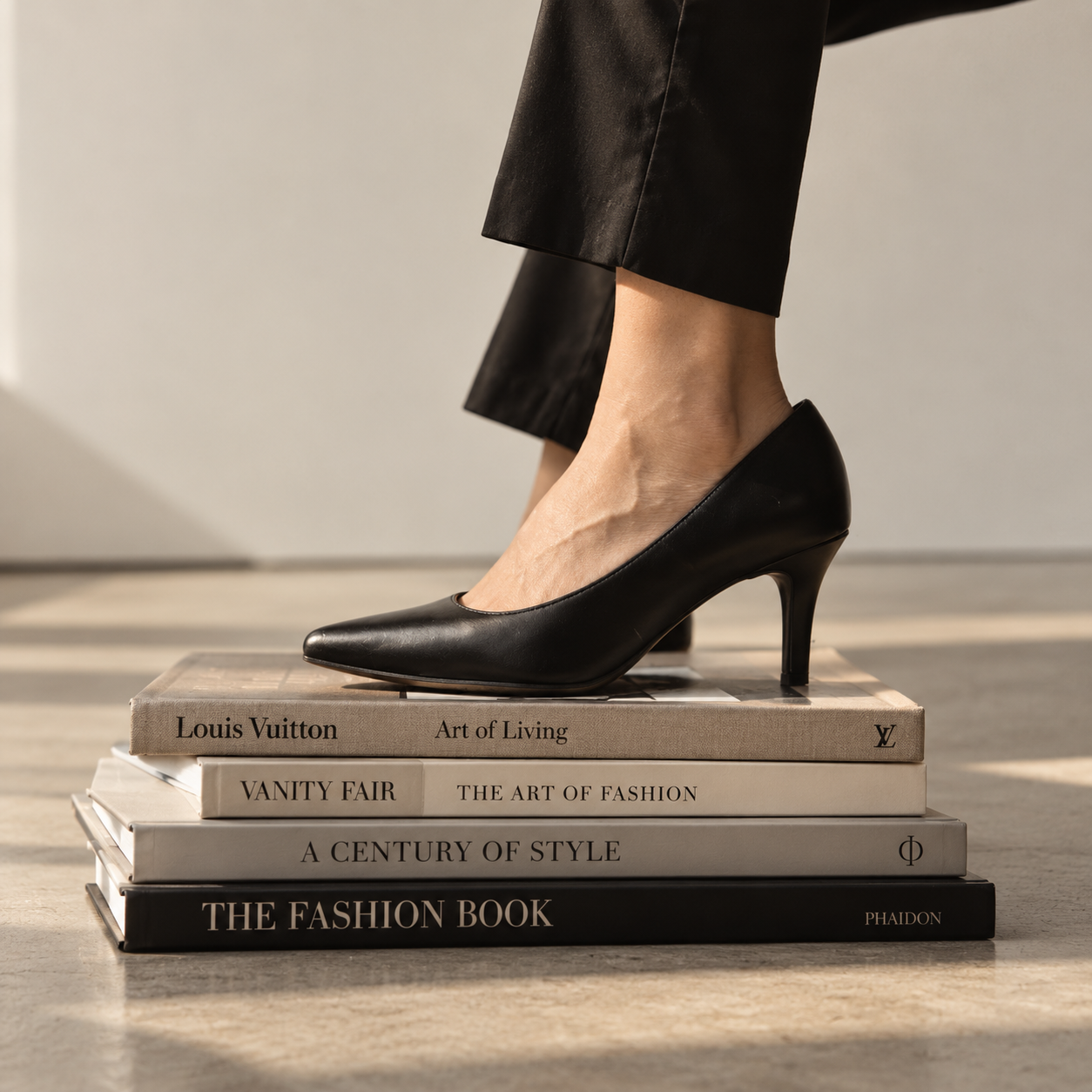 A person wearing black high heels standing on a stack of fashion and art books.