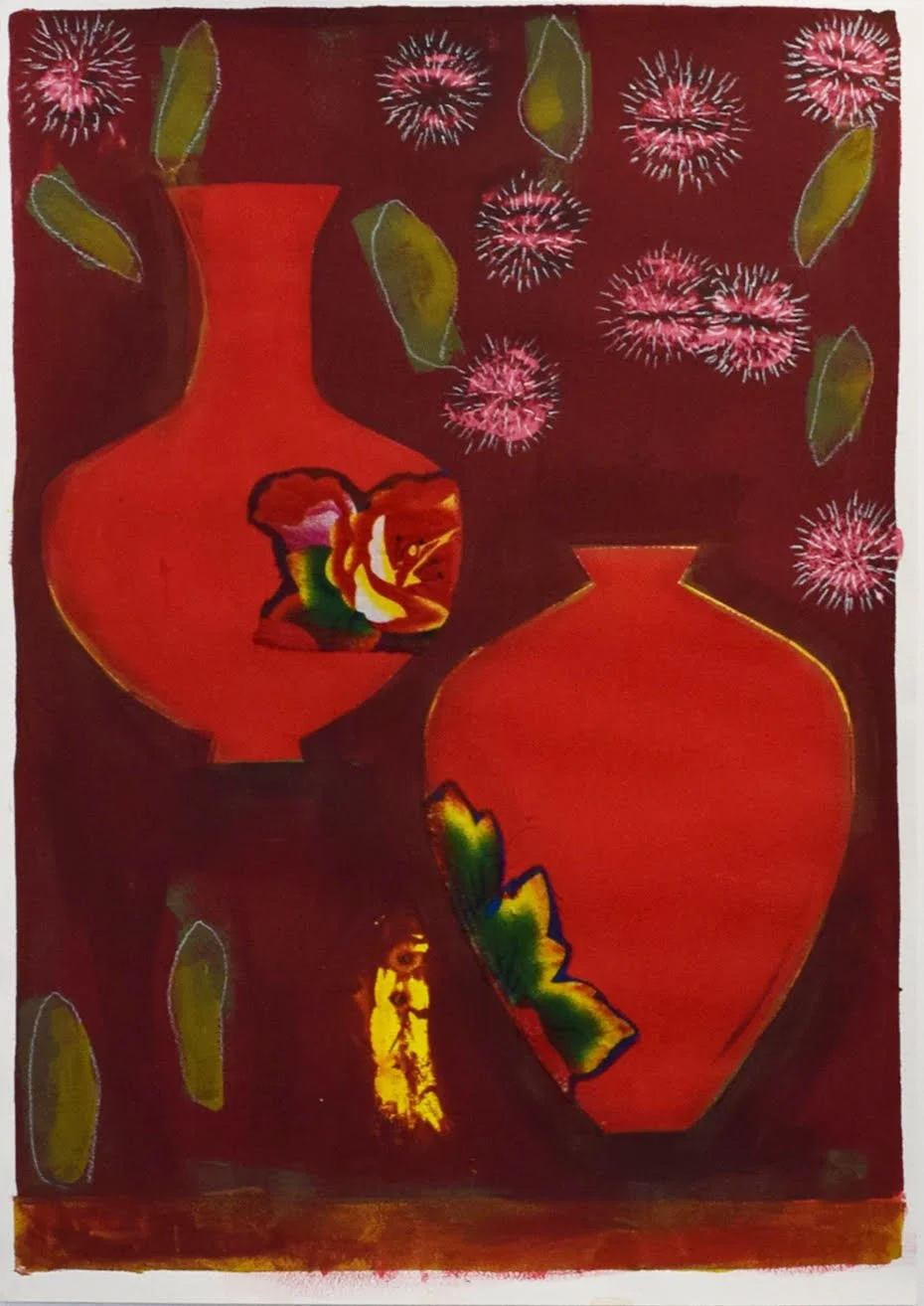 Study for Pincushion Hakeas in Red Vases_Mixed media – screen print acrylic paint, paper and cotton floral fabric_2018_420mmW x 590mmH_photo Sarah Toohey