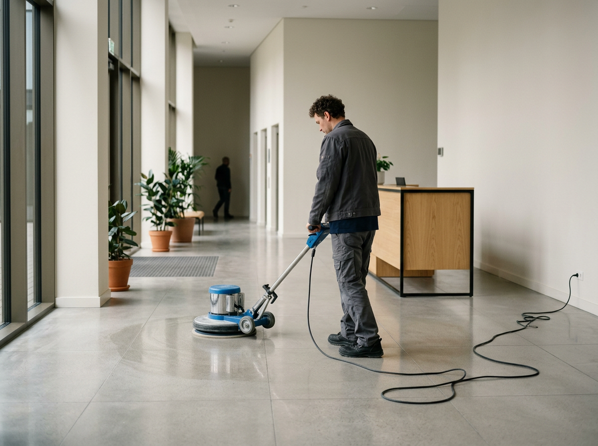 A person using a floor cleaning machine in a modern, spacious office lobby with large windows, potted plants, and a reception desk.