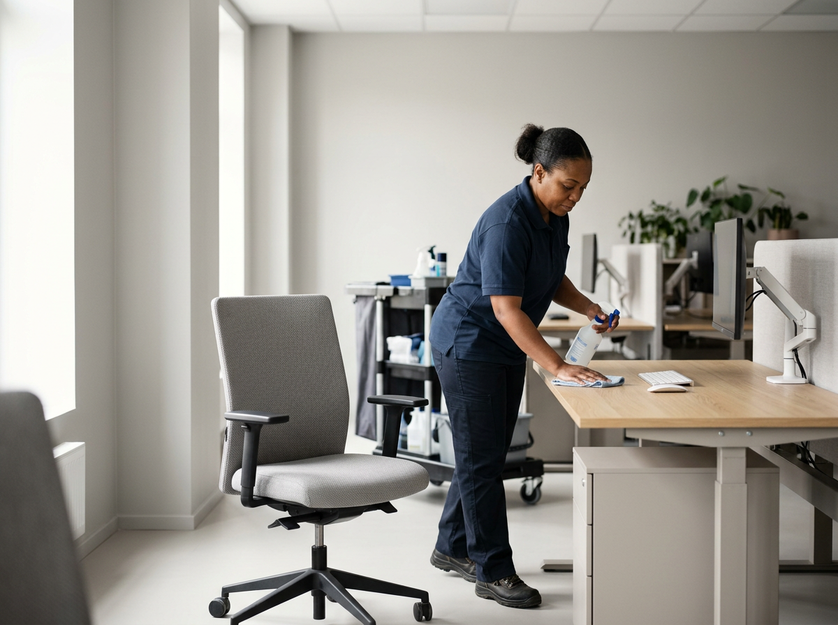 A woman in navy blue scrubs cleaning a desk in an office environment with disinfectant spray and cloth, with computer monitors and office supplies visible.