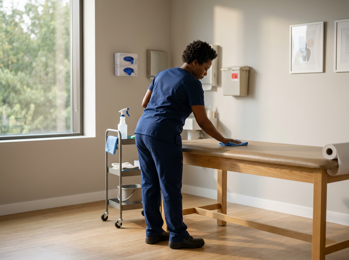 A healthcare worker in navy scrubs disinfecting a wooden examination table with a cloth in a well-lit room.