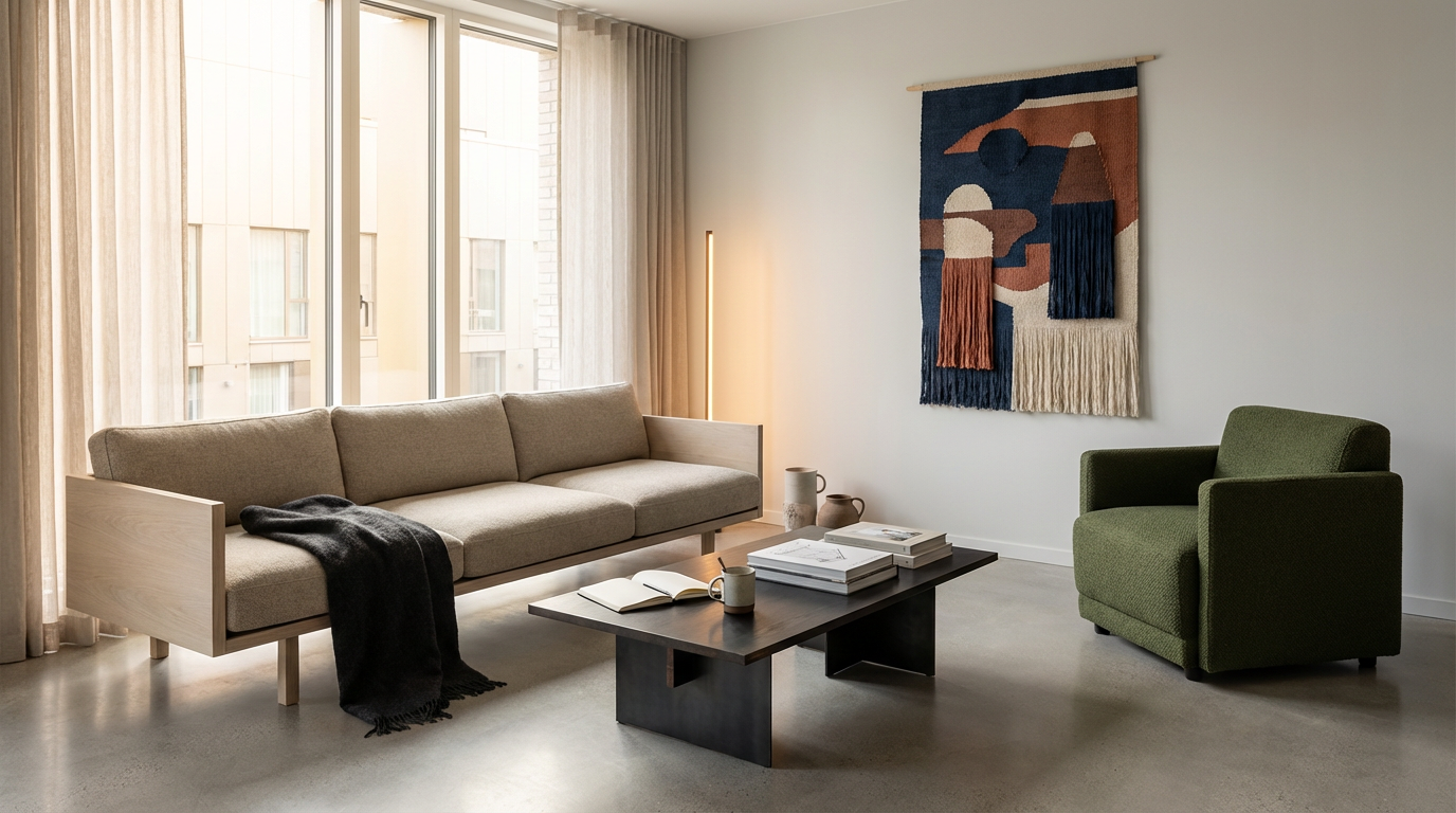 Living room with large beige sofa, green armchair, black coffee table holding books and mugs, wall hanging artwork, and floor-to-ceiling window with beige curtains.