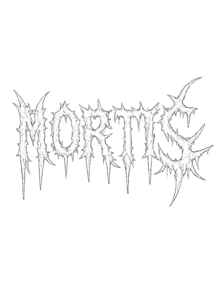 The word 'Mortis' written in a jagged, white, horror-style font on a black background.