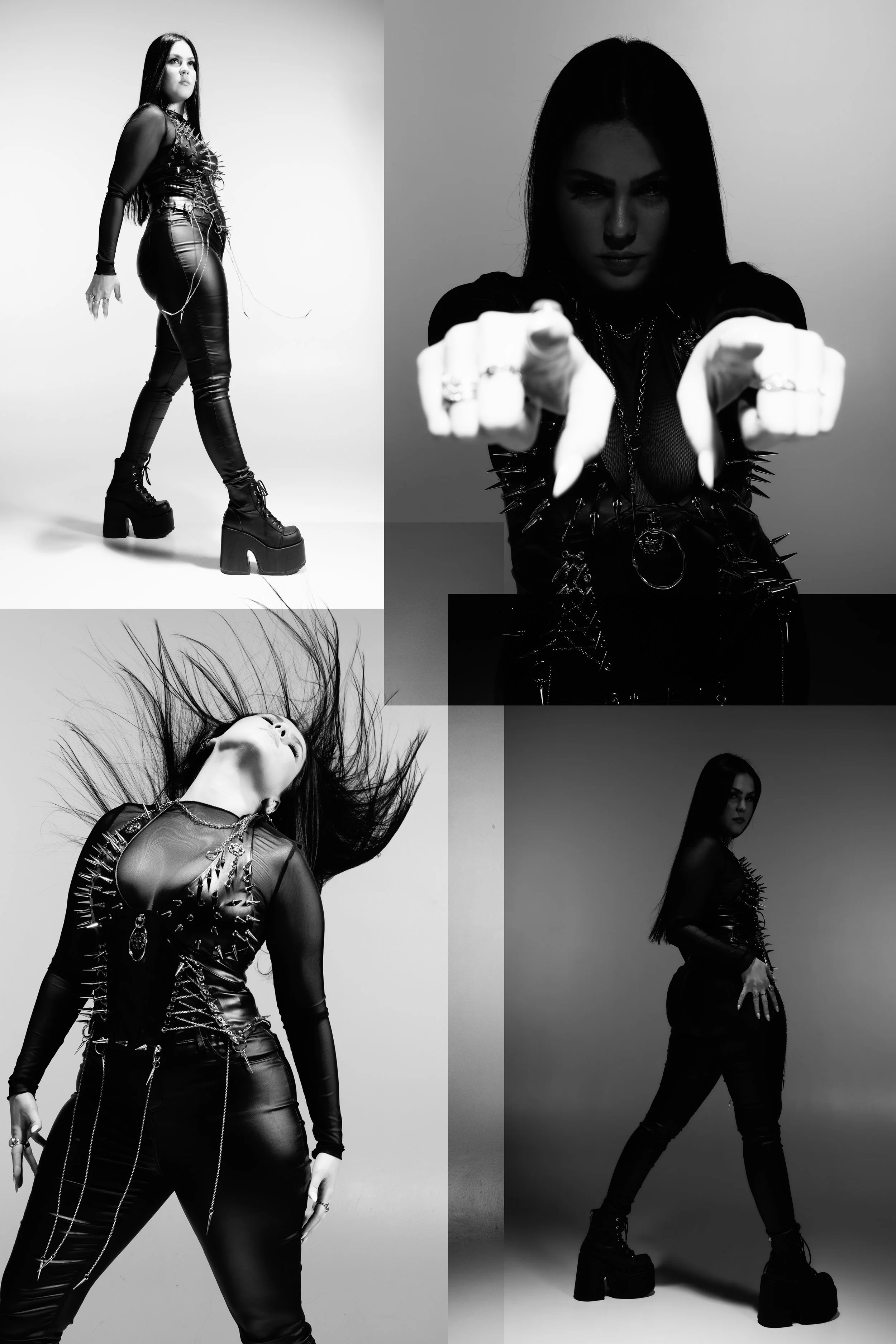 A black and white collage featuring four images of a woman with long dark hair, wearing a spiked leather outfit and platform boots. She poses with various intense expressions, emphasizing an edgy, punk style.