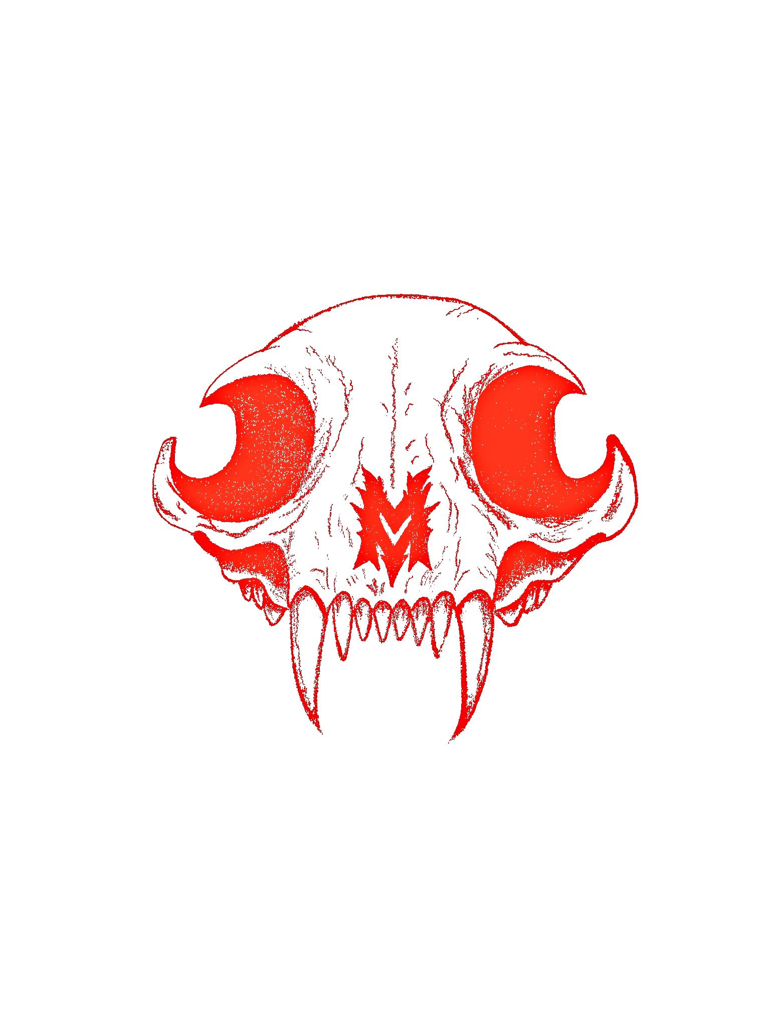 A cat skull with large canine teeth and red detailing Vitium Mortis Logo