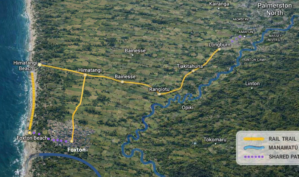 Rail trail Map showing the route from Longburn Palmerston North to Foxton Beach to Himatangi Beach and along the coast. The shared pathway will be suitable for push bikes, horses and people
